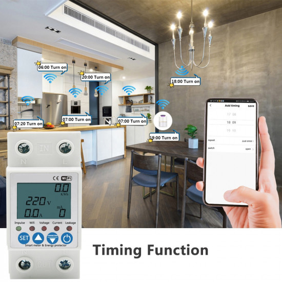 Circuit intelligent de terre 2P 63A TUYA APP WiFi, protection contre les fuites de tension et les sous-tensions , disjoncteur, énergie, compteur kWh